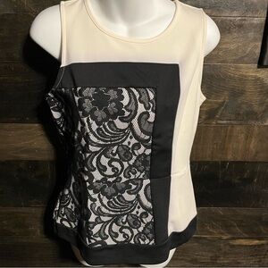 Worthington Petite Elegant Black and Cream Lace Panel Peplum Top - petite small